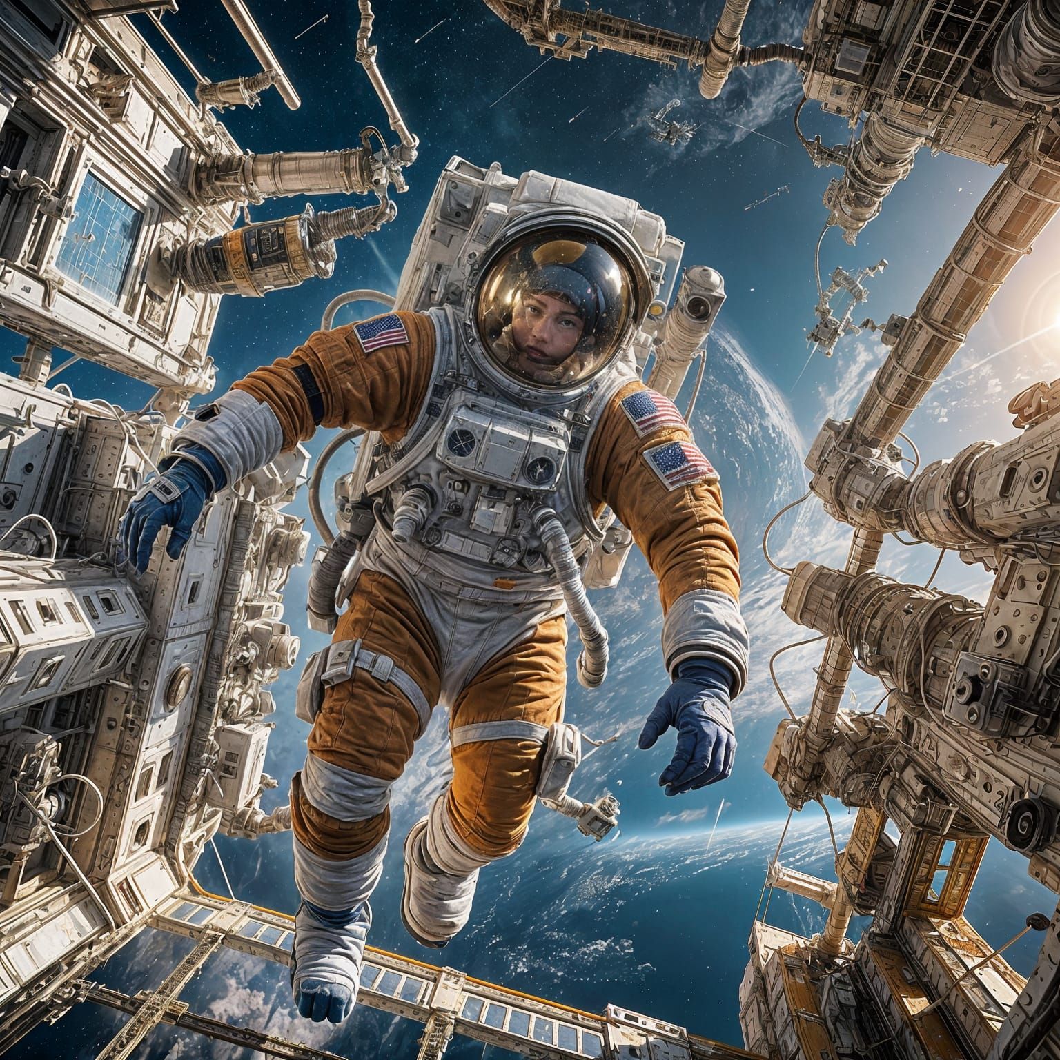Astronaut Repairing ISS in Detailed Digital Painting