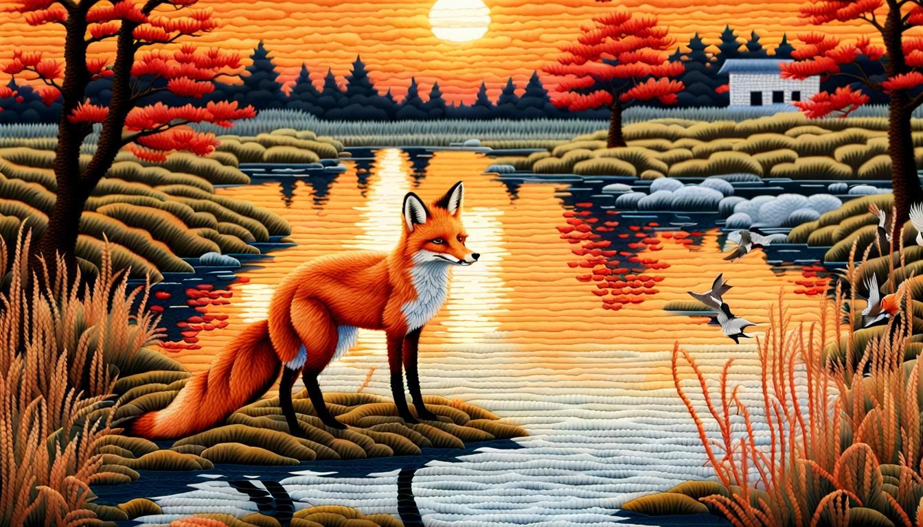 Red Fox Hunting Geese: Needlepoint Embroidery Artwork
