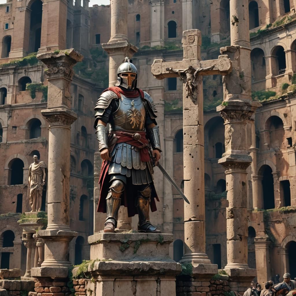 Hyperrealistic portrait of a ruins of rome, , Crusified people on crosses of the colleseu , a samurai wearing armor with...