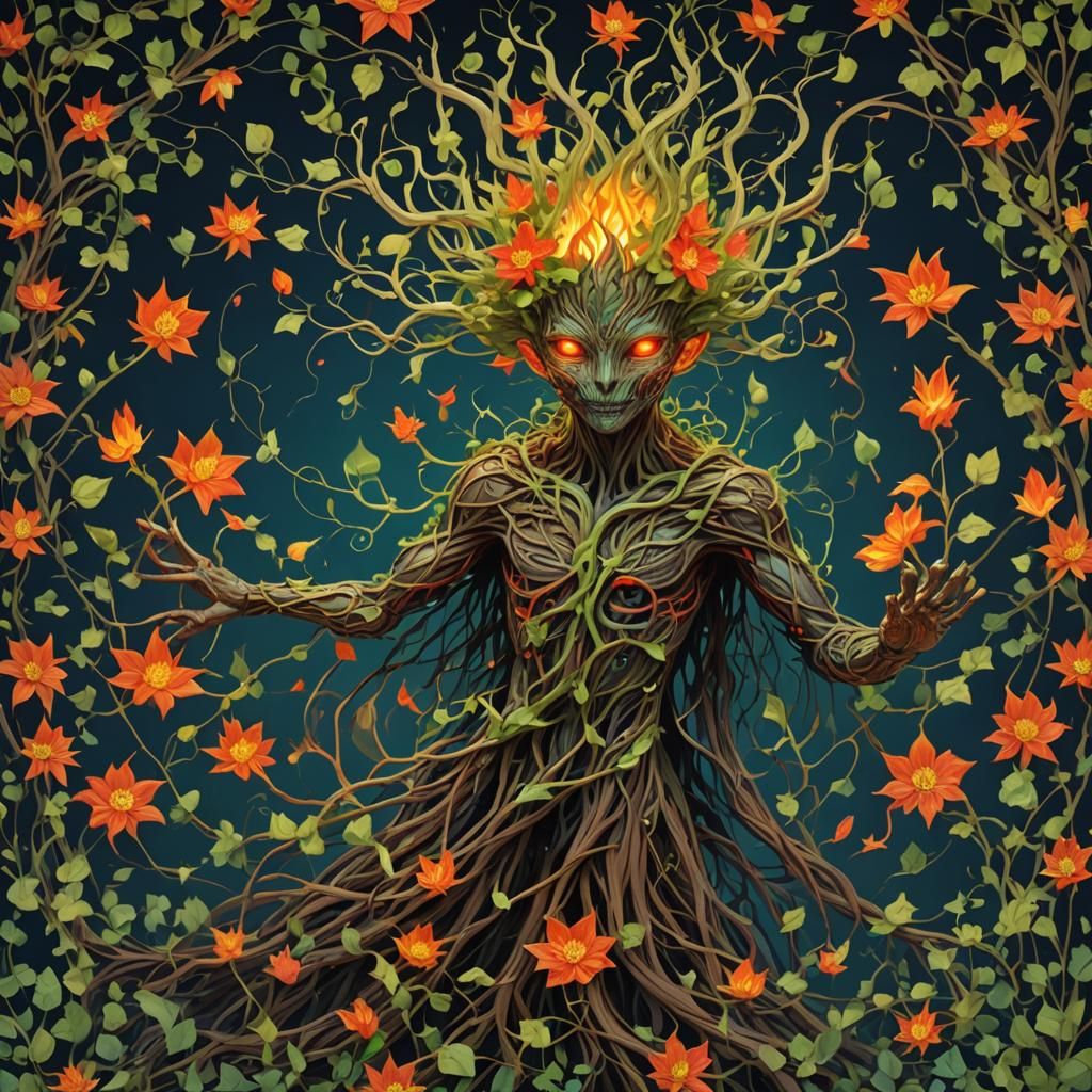 Abstract Humanoid in Vines and Flowers, Abstract Expressioni...