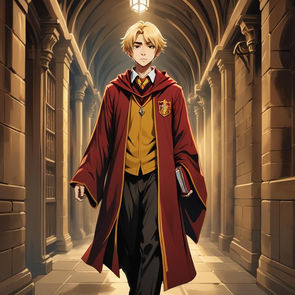 Asian Boy in Gryffindor Robes, Manga Style