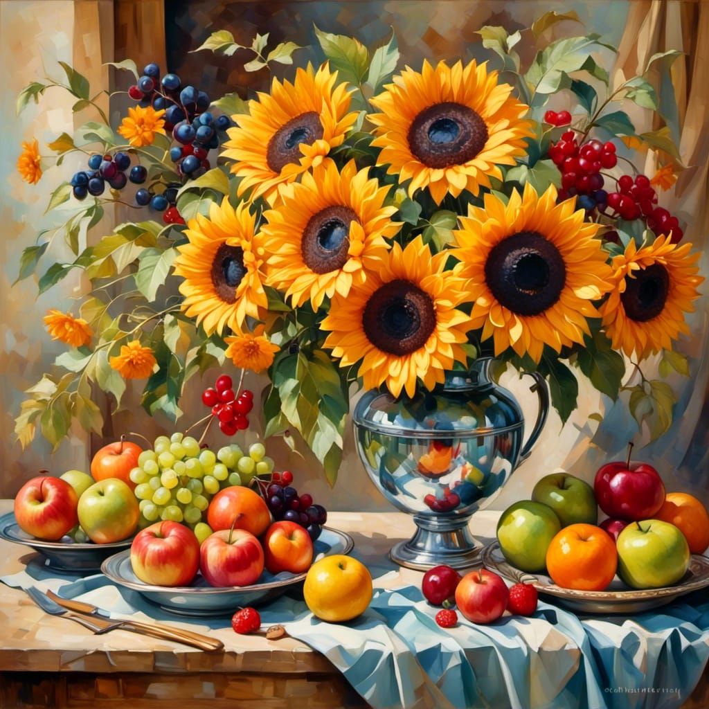 Cubist Still Life of Flowers and Fruits in Picasso Style