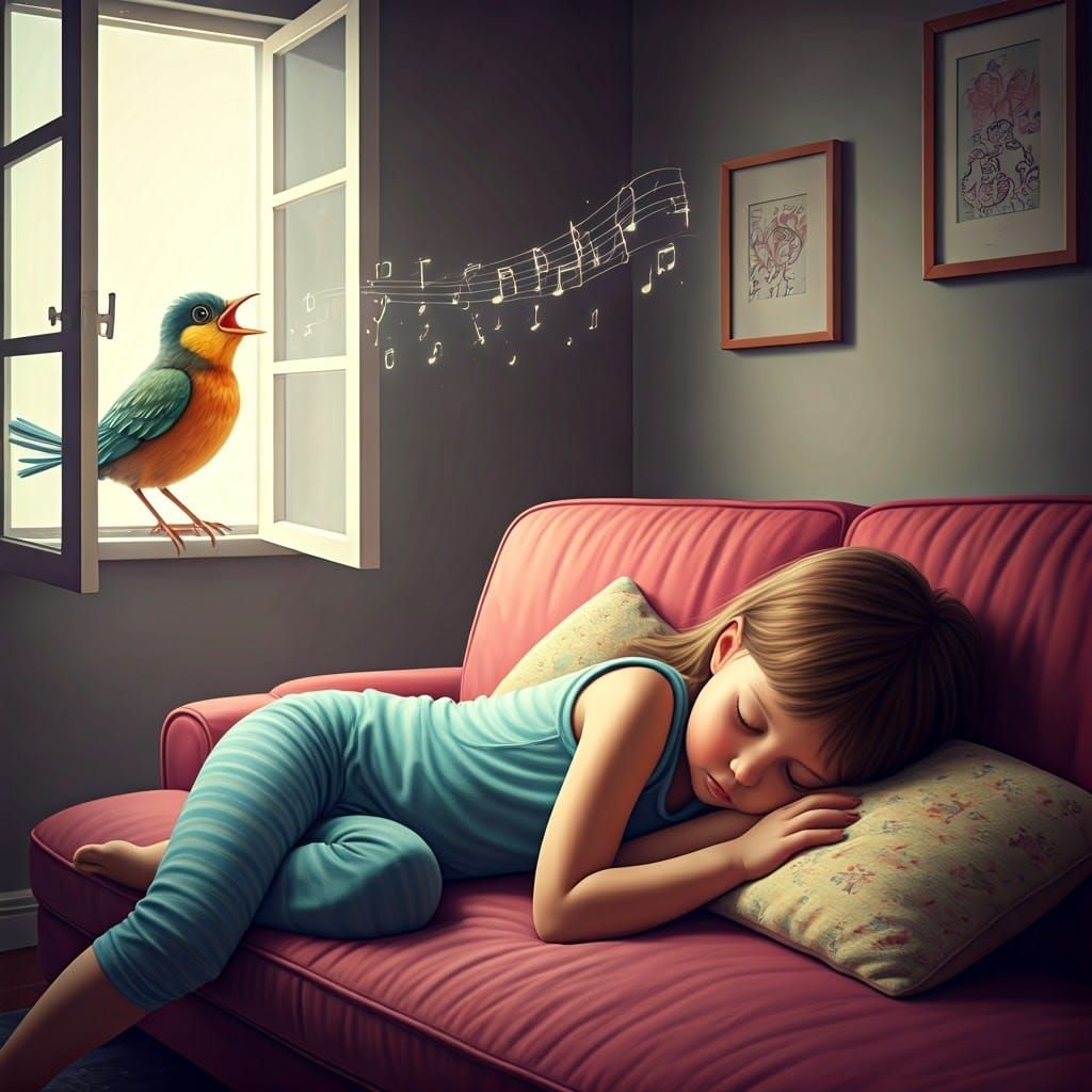 Bird Song Wakes Sleeping Girl: Whimsical Pastel Art