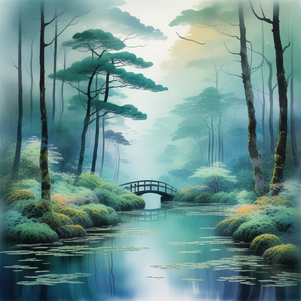Misty Japanese Forest Landscape in Monet's Watercolor Style