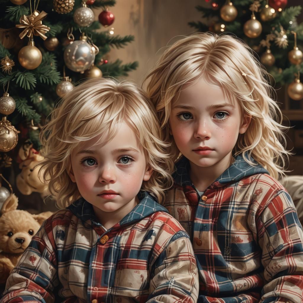 Children in Matching Pajamas, Realistic Digital Painting