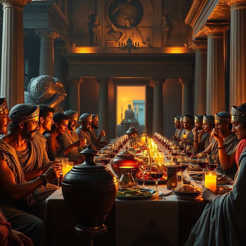Ancient Greek Banquet Scene in Dramatic HDR Lighting