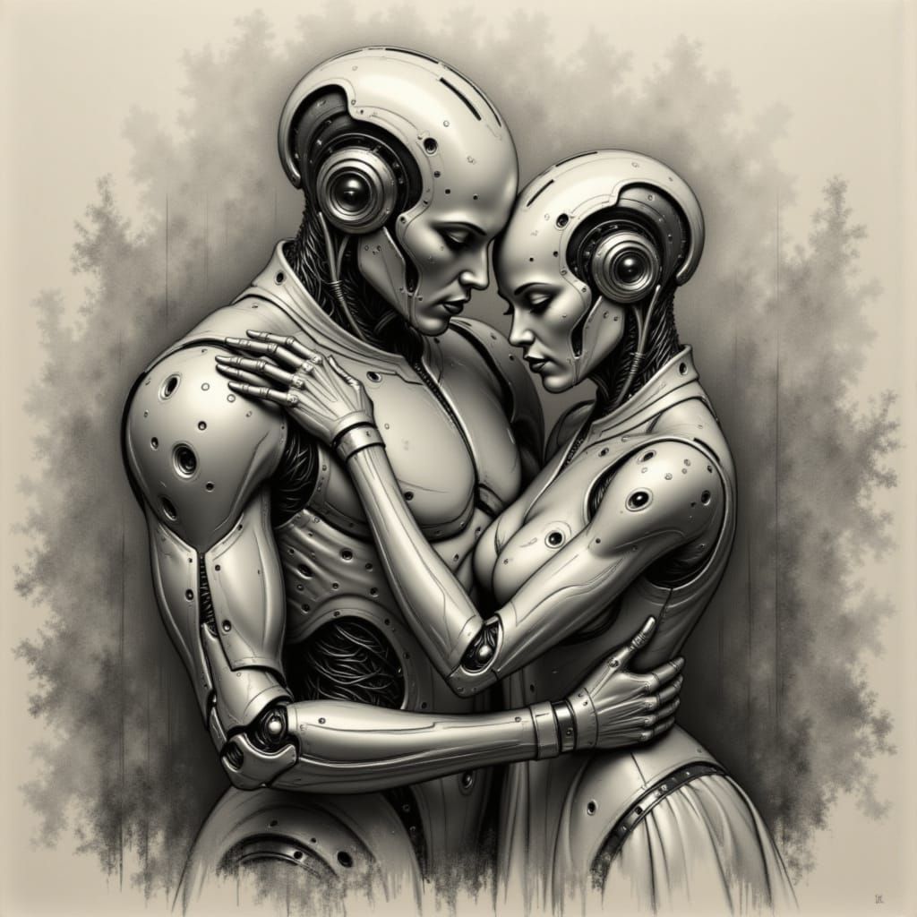 Cyborg Family Embrace in Charcoal Style