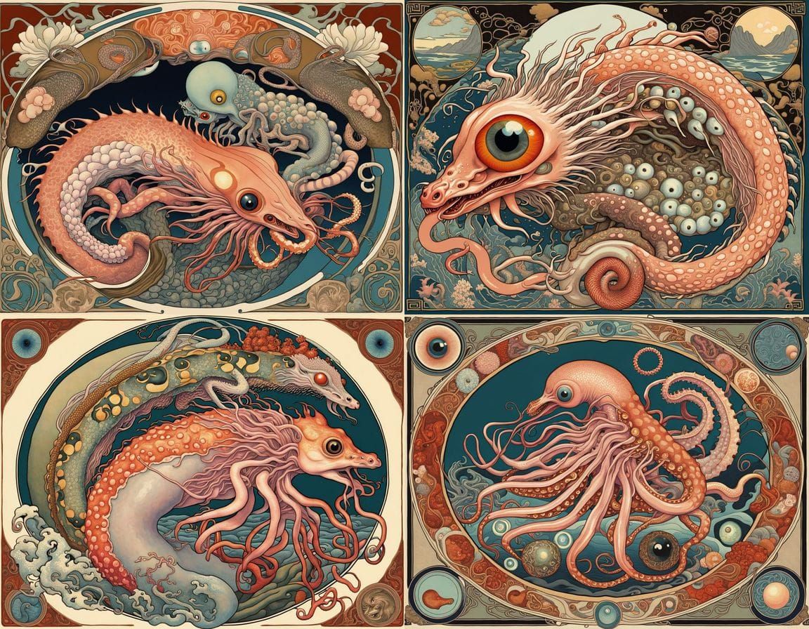 Mythical Creatures in Ukiyo-e Art Nouveau Style