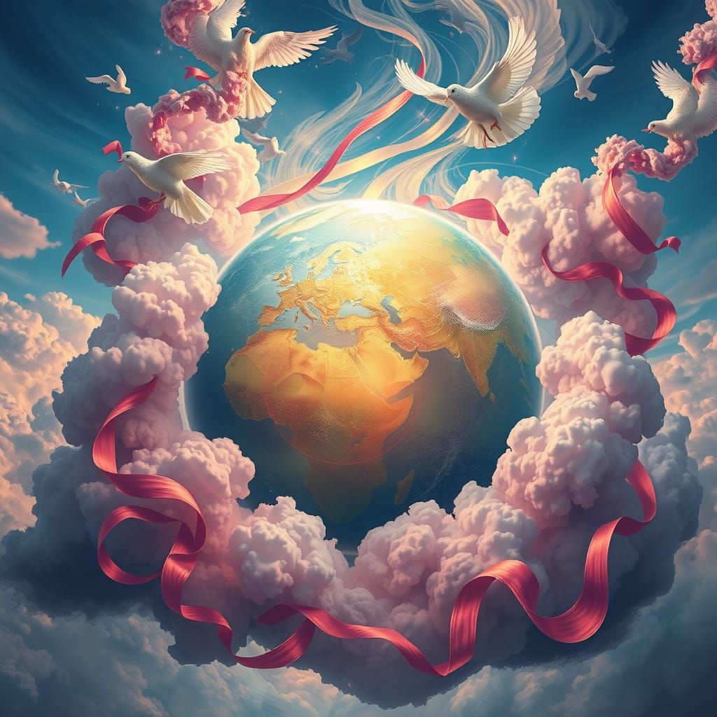Surreal Globe Surrounded by Doves and Colorful Clouds