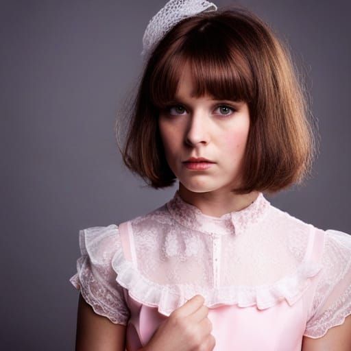 Sad Young Person with Bob Haircut and Frilly Dress