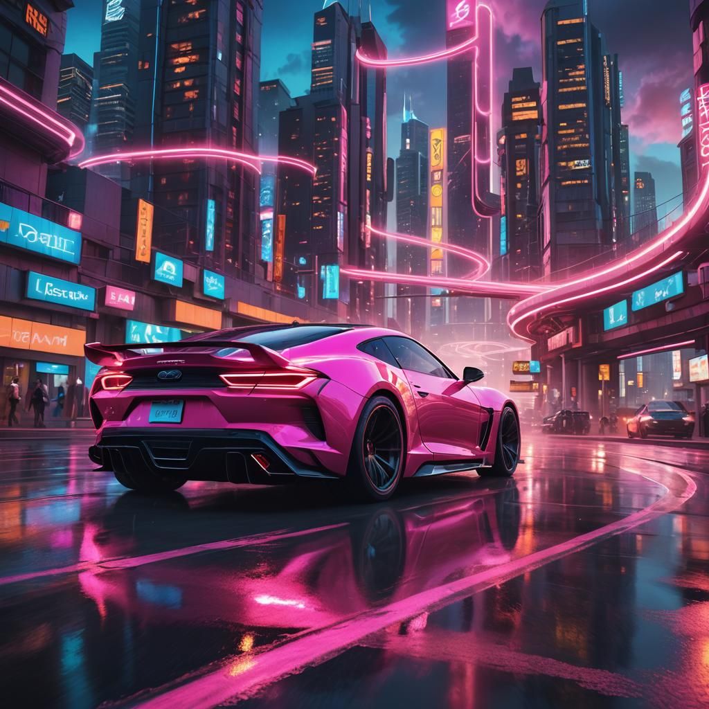 Pink Cyberpunk Sports Car Races Through City