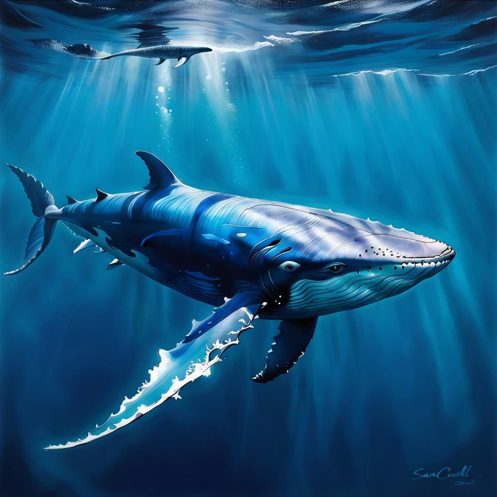 Blue Whale in Tranquil Sea: Sumi-e Style