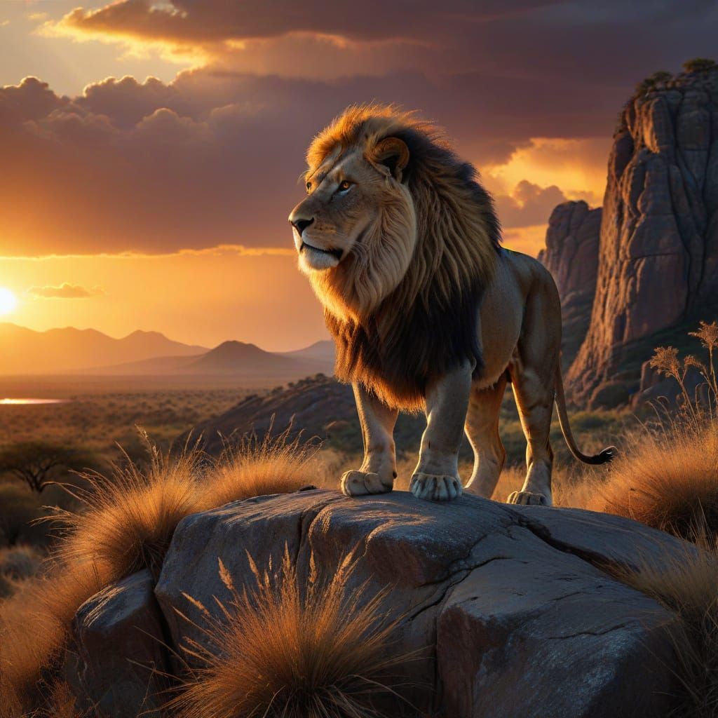 Majestic Lion Roars Against Sunset in Vibrant African Wilder...
