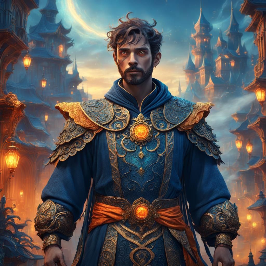 Regretful Man in Whimsical Fantasy Cityscape