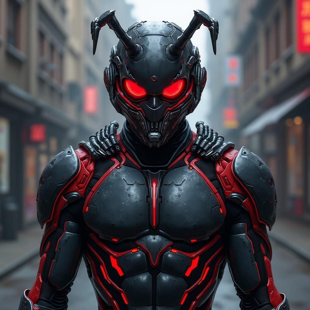 Ant-Themed Armor in Urban Comic Book Art Style
