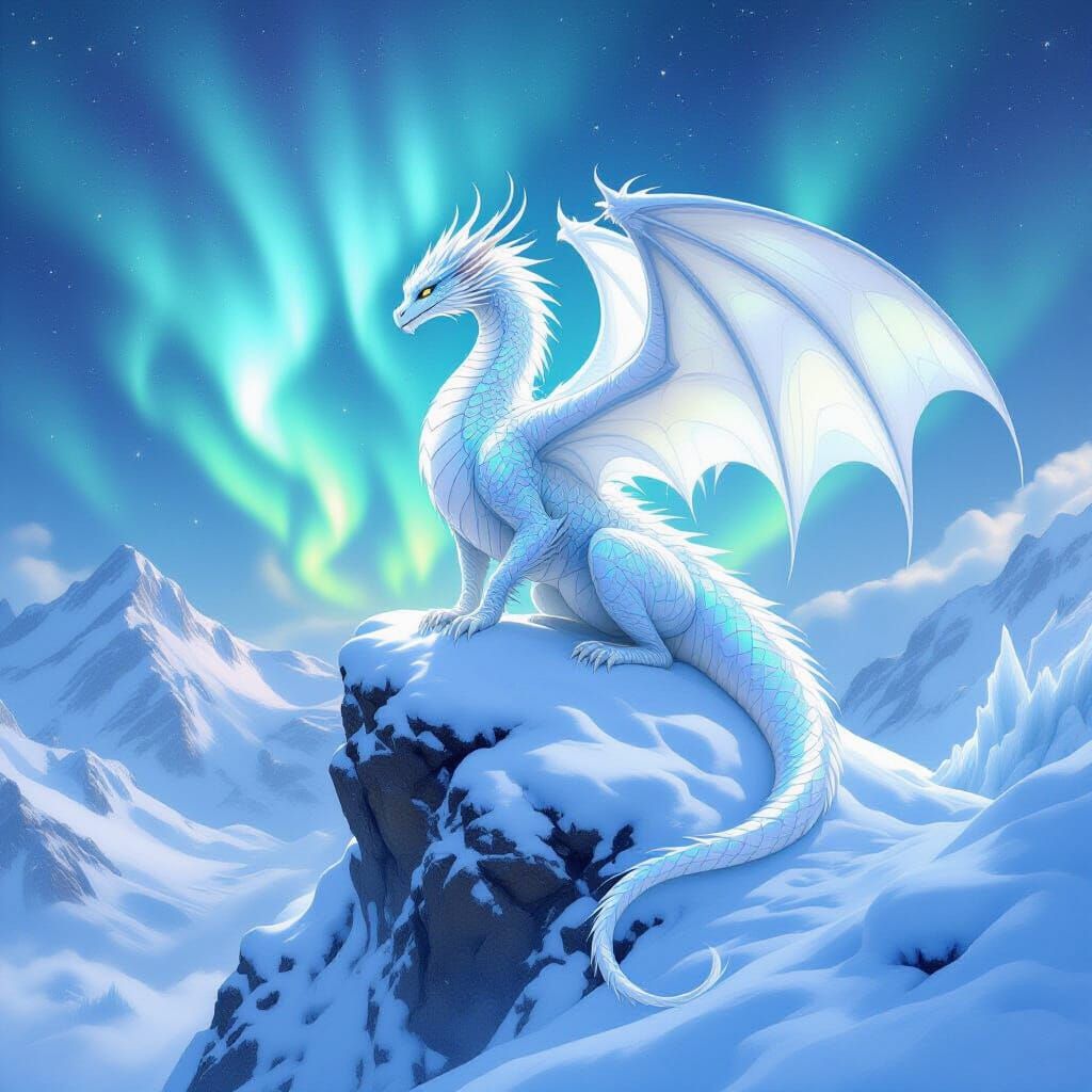 Snow Dragon Perched on Mountain in Art Nouveau Style