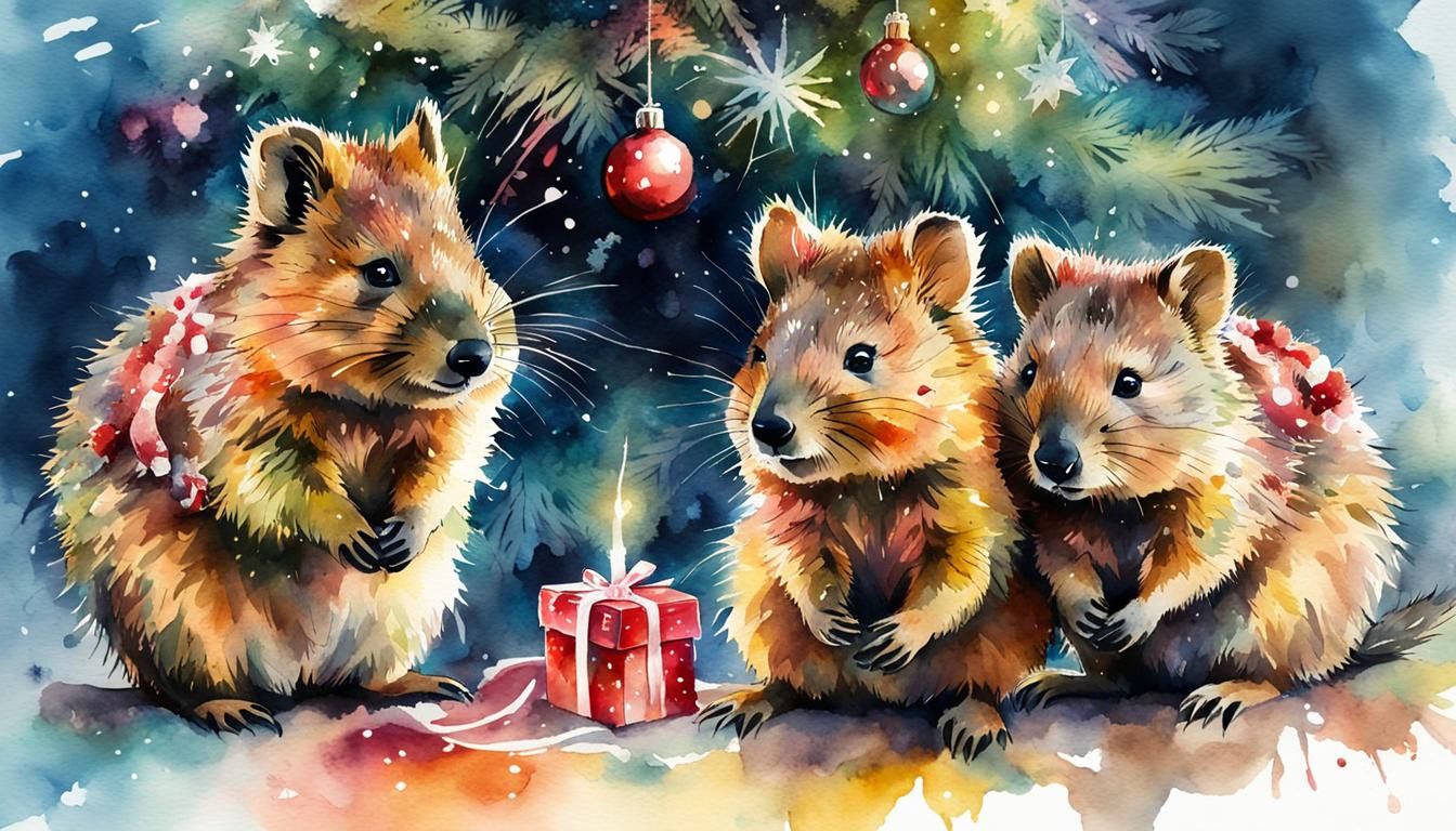 Quokka Family Christmas: Watercolor Digital Illustration