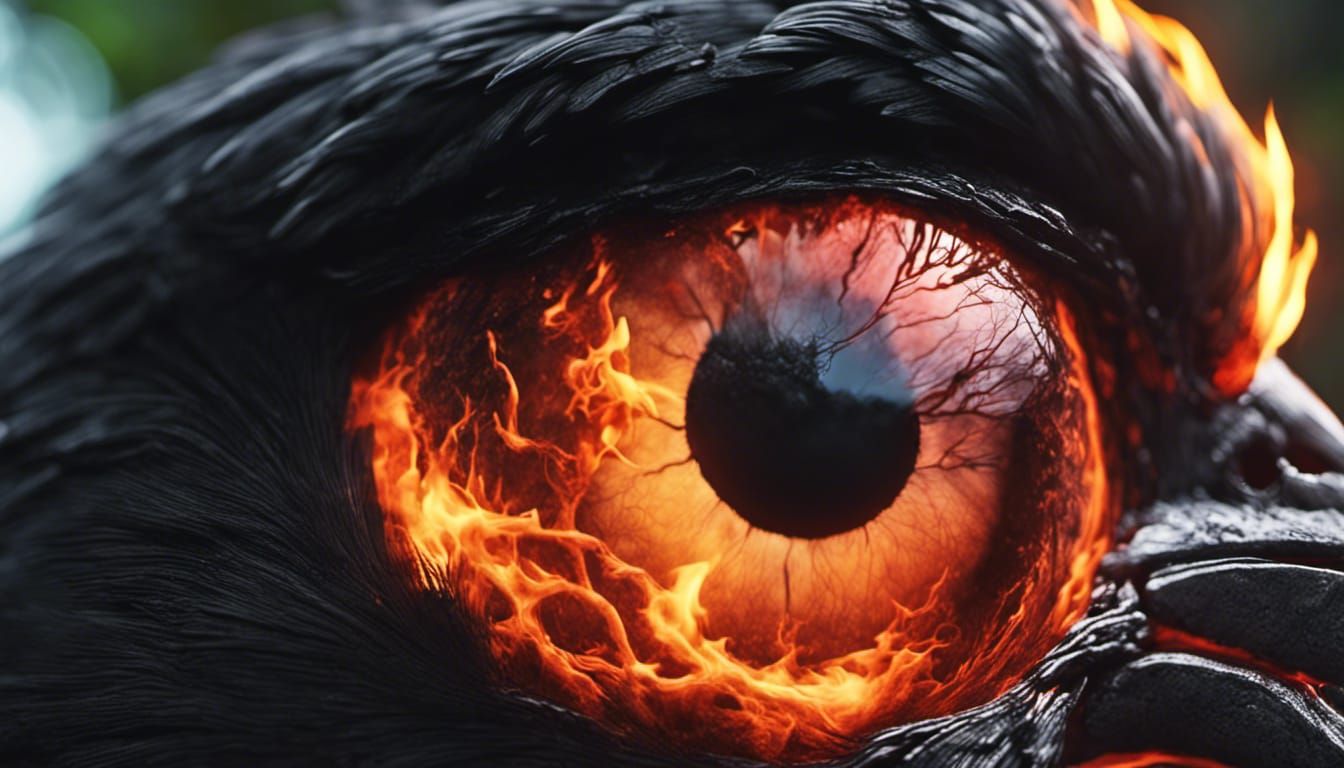 a Hawaiian crow eyeball with a burning forest reflected