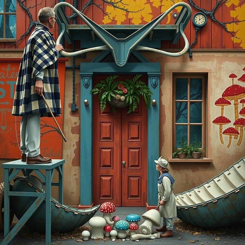 Whimsical Mushroom Harvesters in Blue and White Linocut Styl...