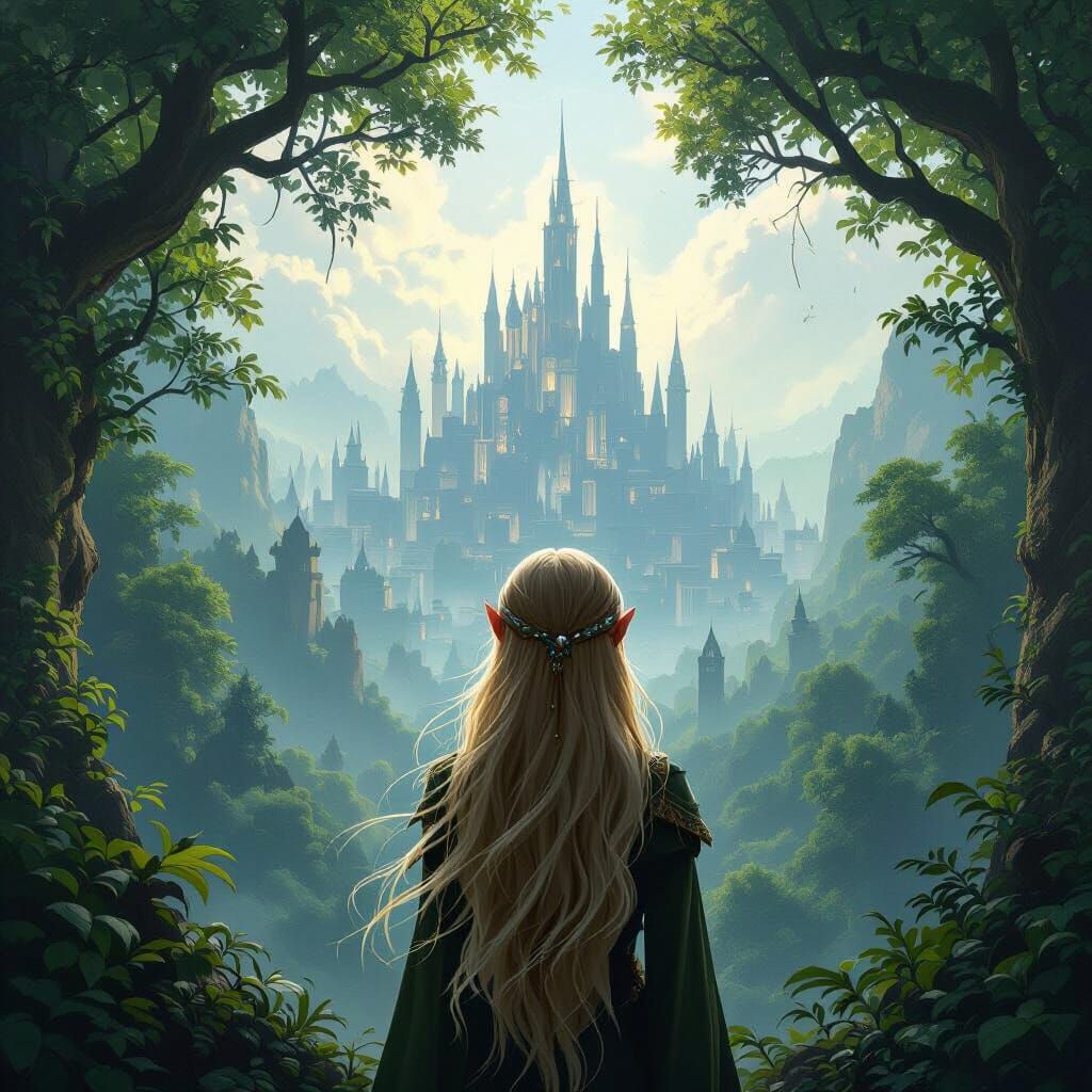 Enchanting Elf Gazes Upon Endless Forest City