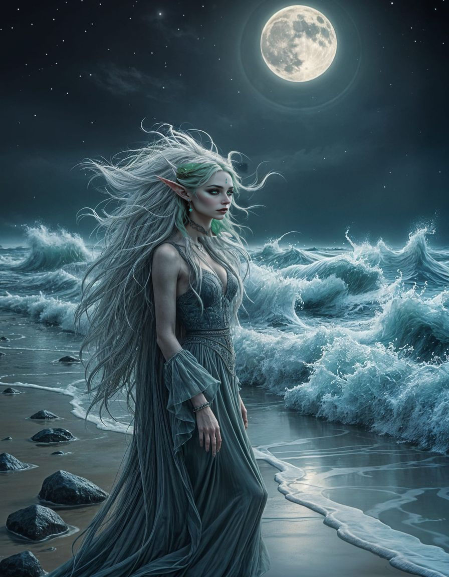 Gothic Elf Worshipping the Moon as Impasto Painting