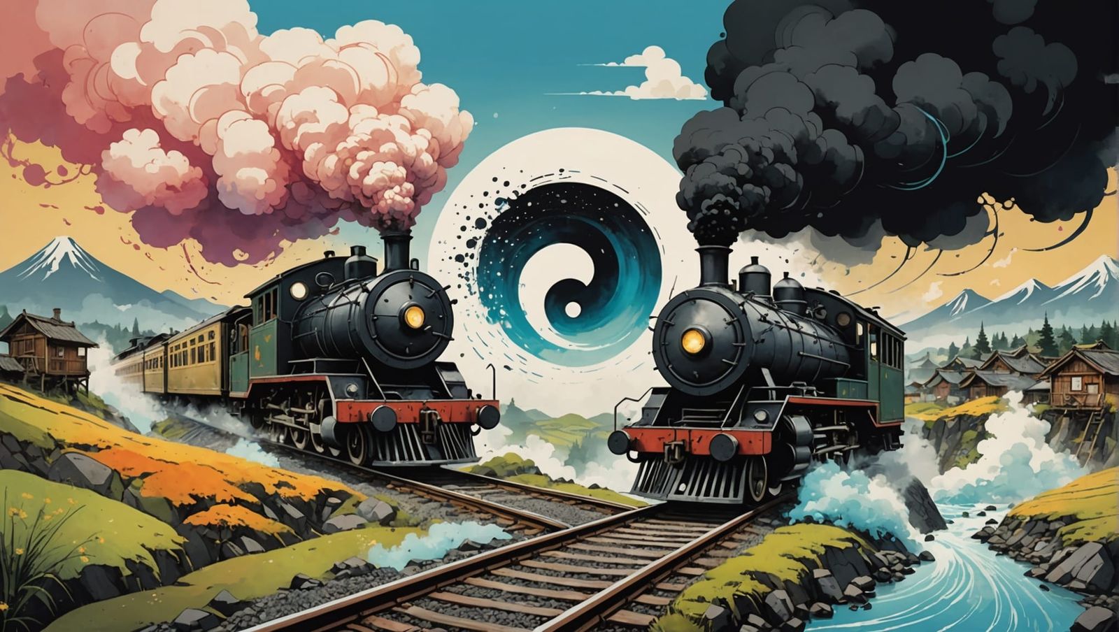 Yin Yang Landscape with Train in Watercolor Splatters