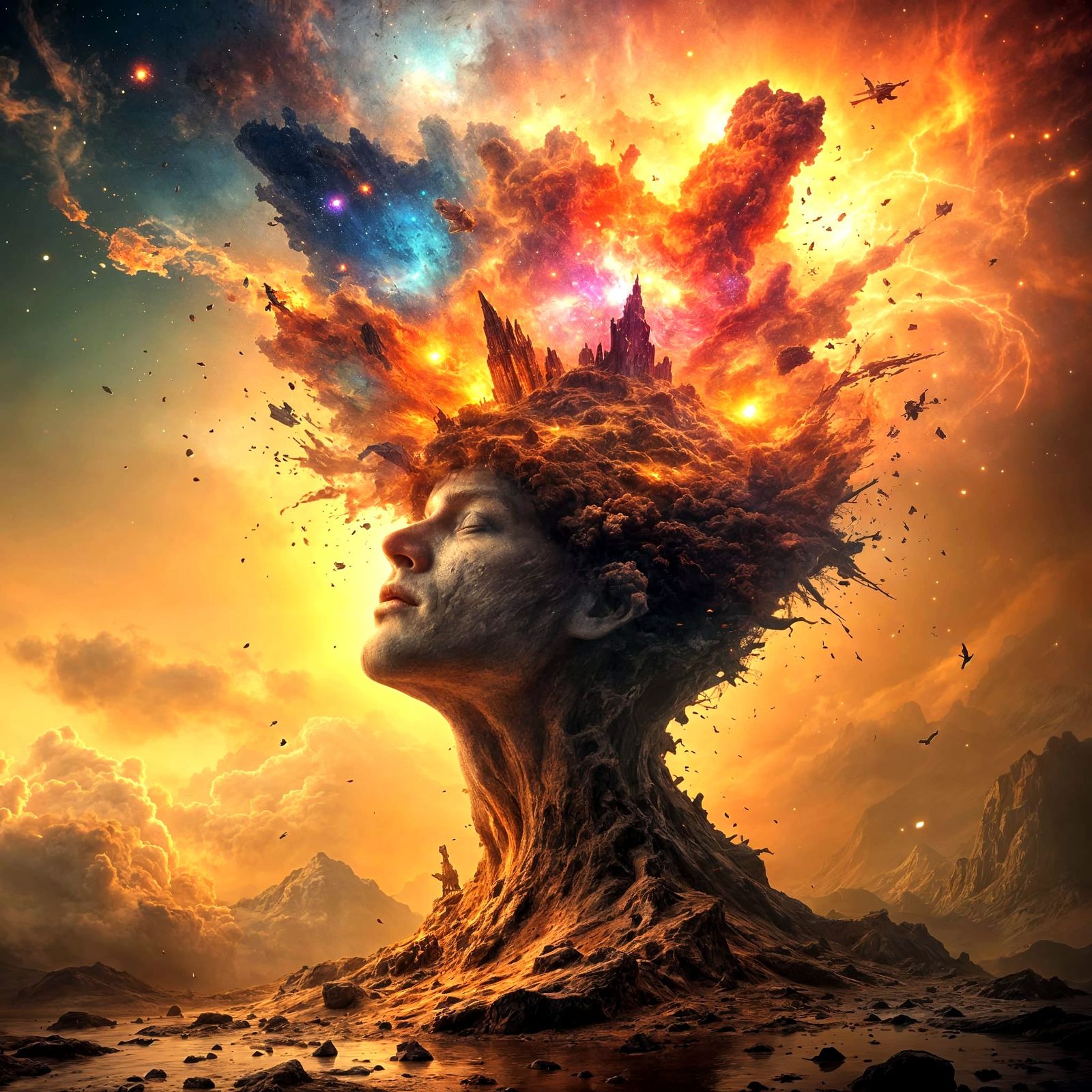 Surreal Brain Explosion with Dreamlike Landscapes