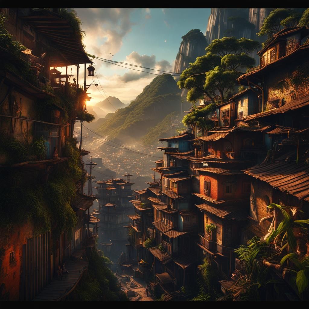 Ninja in Rio Favela with Rifle: Detailed Matte Painting