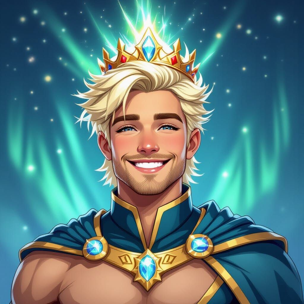 Blond Pleiadian Prince with Aurora Crown, Smiling and Happy