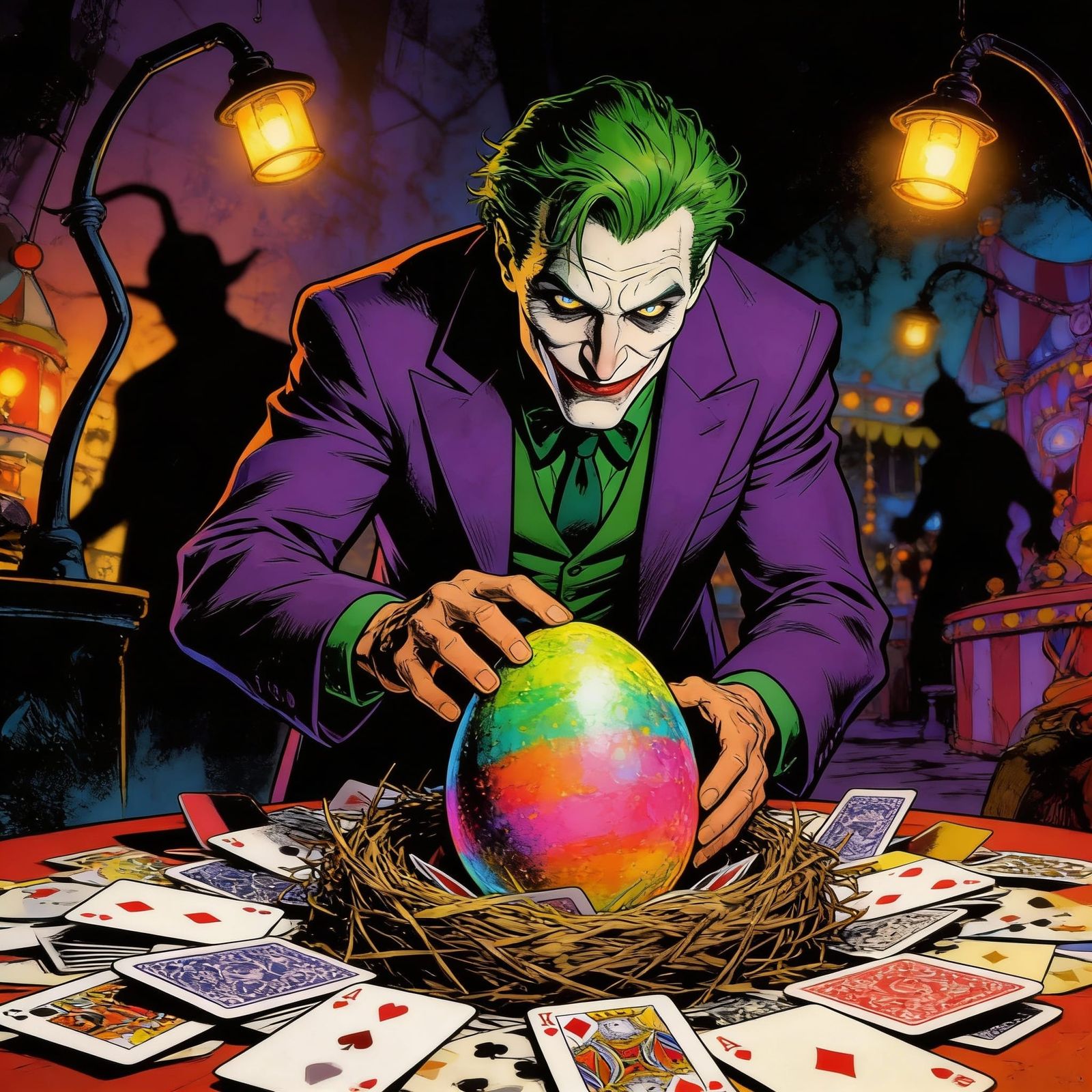 Joker Places Glowing Egg in Card Nest