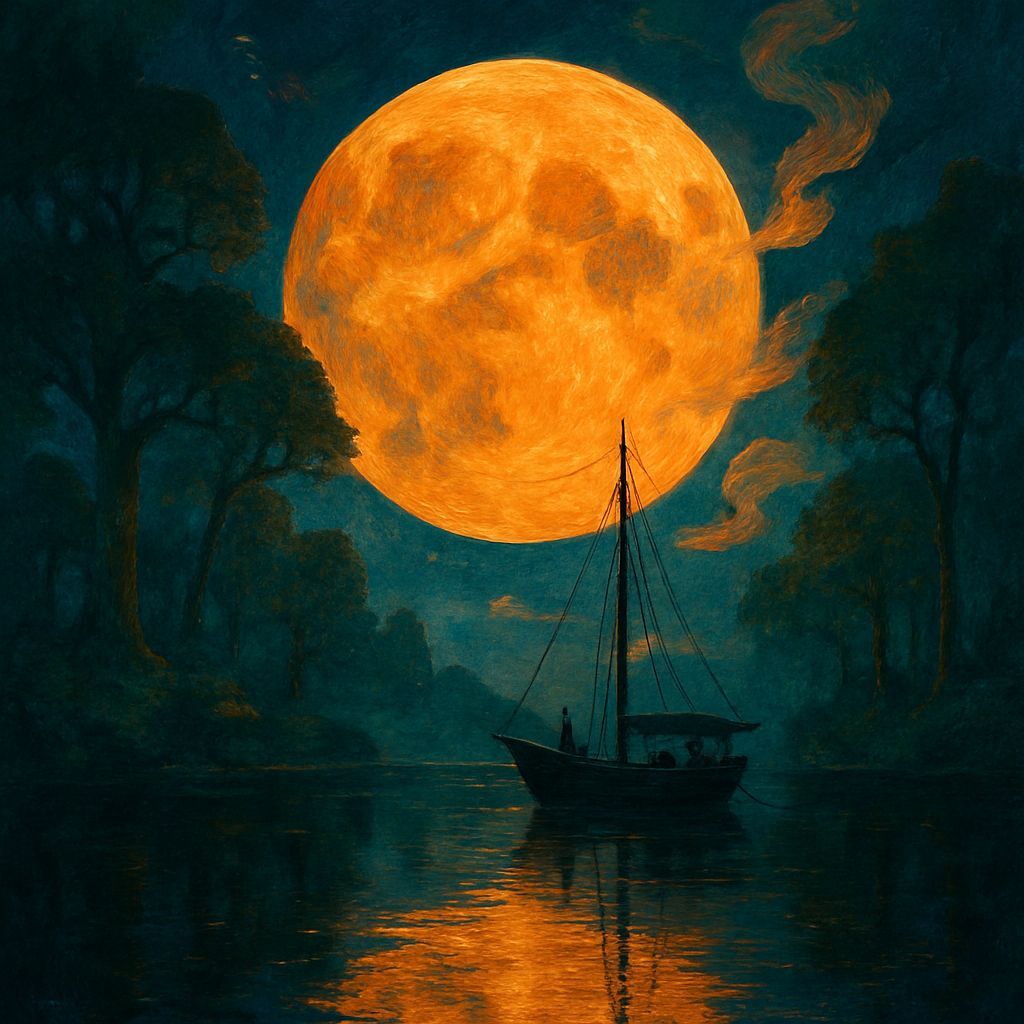 Golden Moon Over Tranquil Lake: Impressionistic Landscape