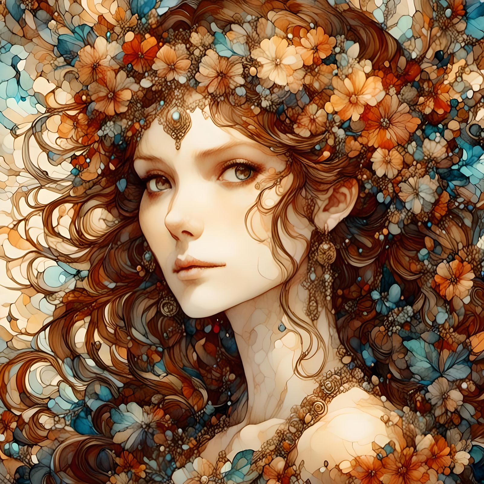 Woman Portrait with Abstract Art and Forest Backdrop