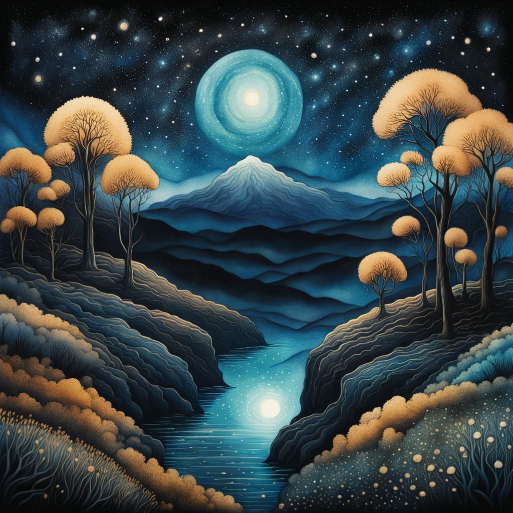 Landscape Under Inverted Starry Sky in Watercolor