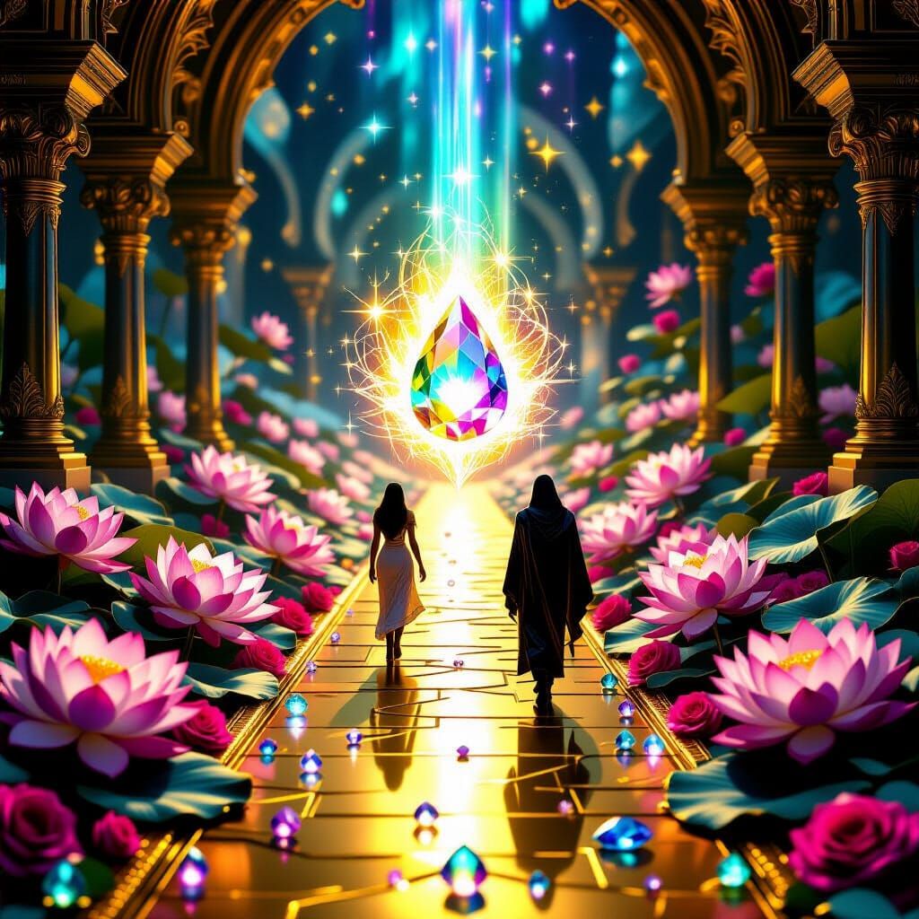 Golden Path with Mystical Lotus Flowers