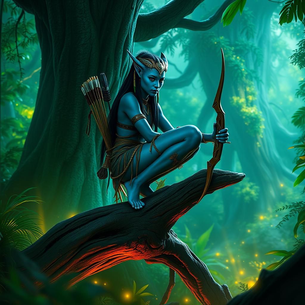 A lone Na'vi female crouches on a tree branch, amidst a lush...