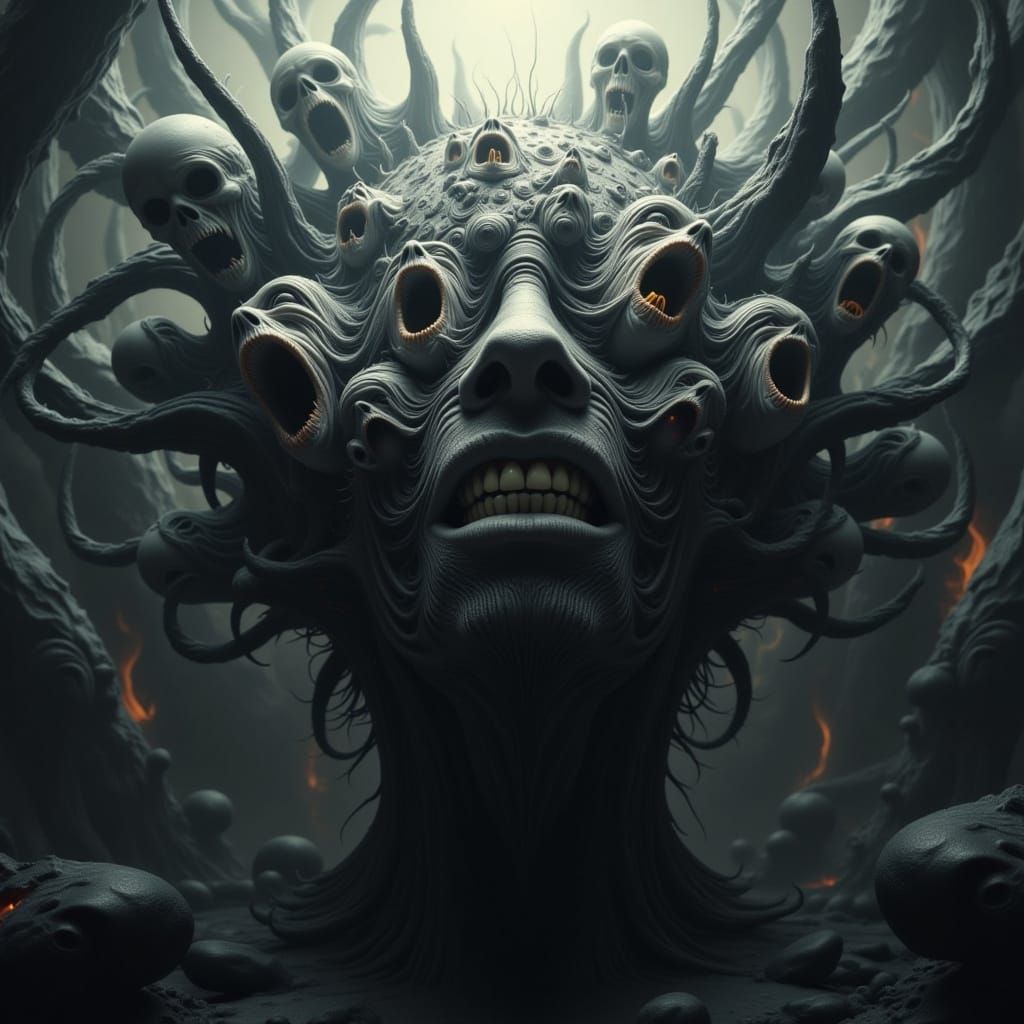 Surreal Mindscape With Mutating Faces and Fractal Hands