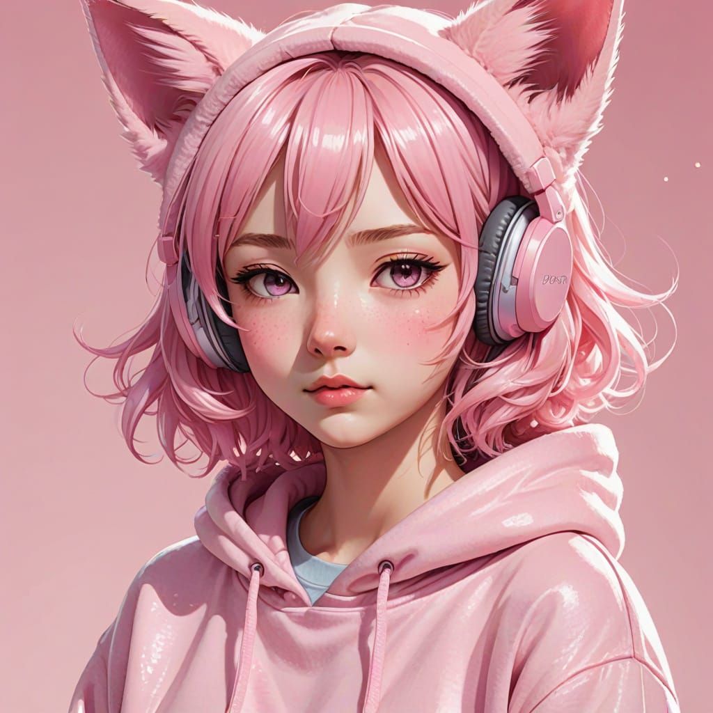 Kawaii Anime Character with Pink Headphones