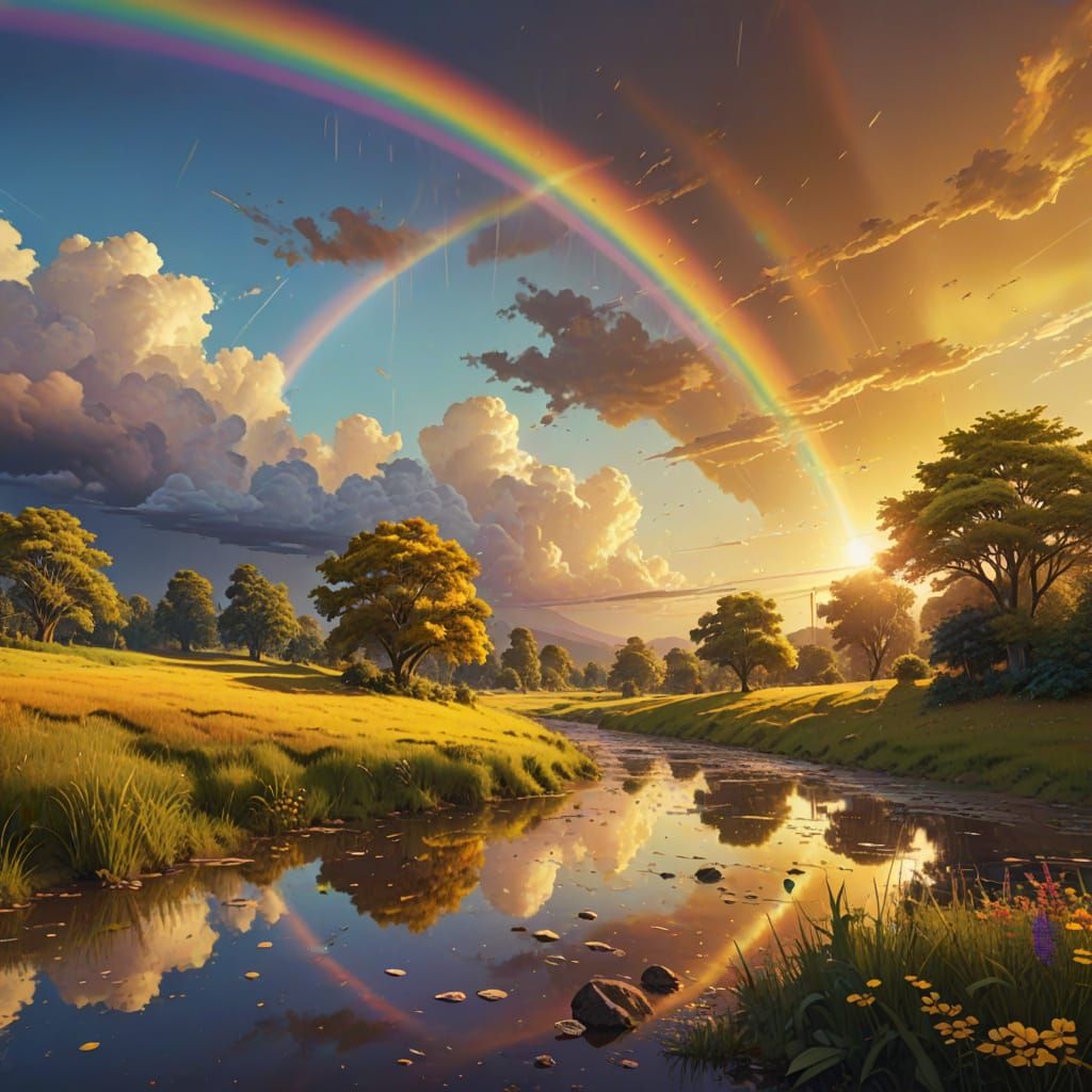 Rainbows in Golden Sky: Vibrant Digital Art