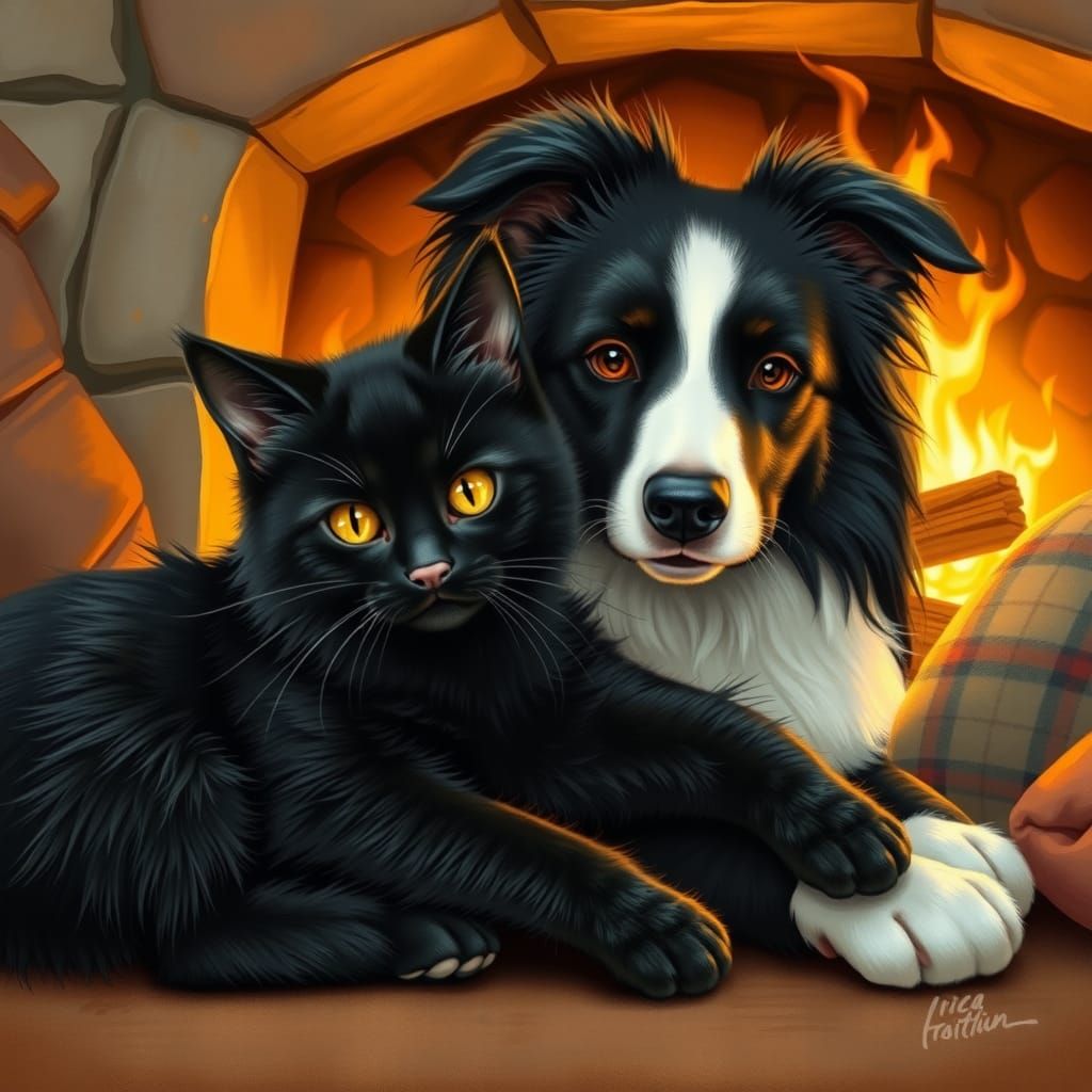 Cozy Companions: Cat and Collie by Firelight