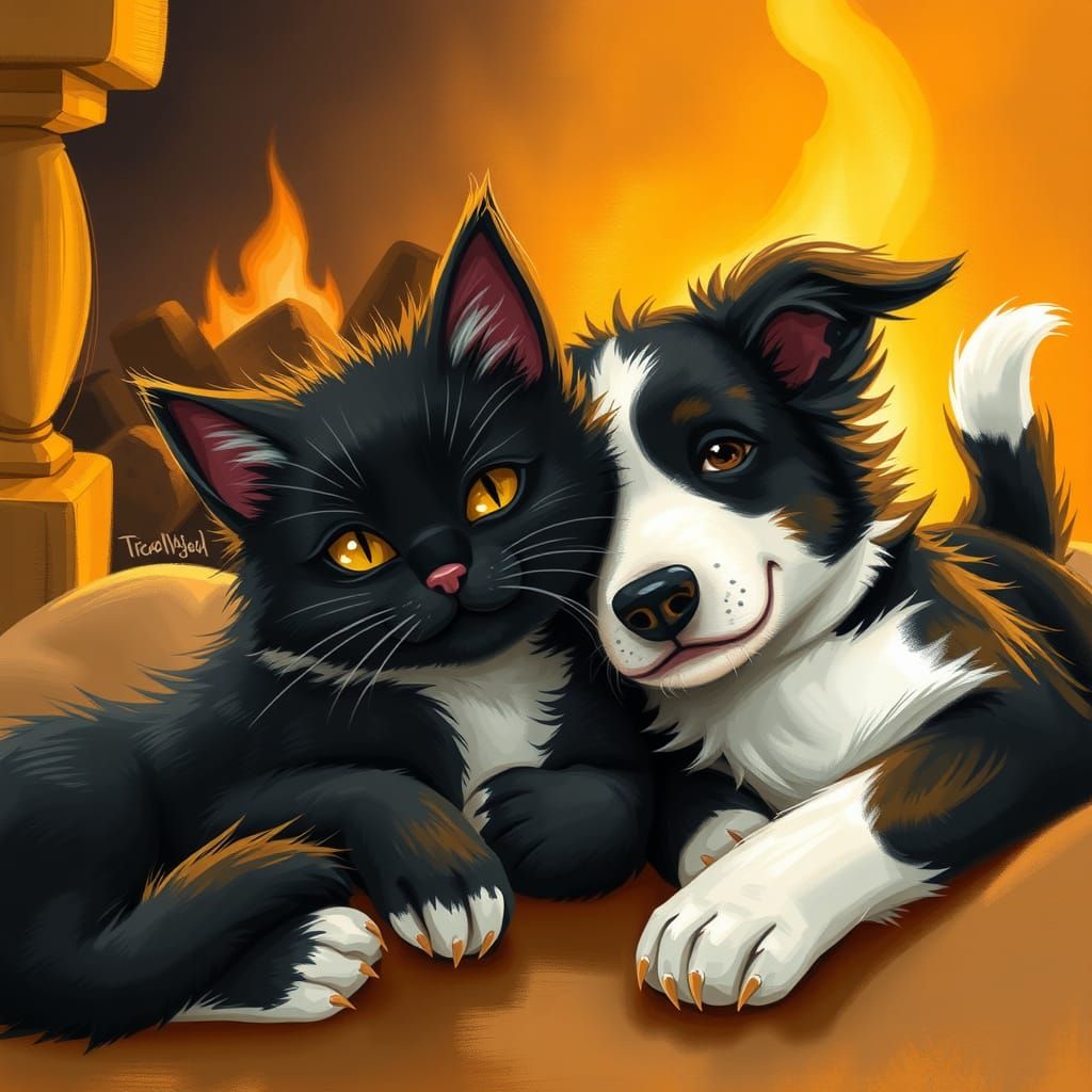 Cozy Companions: Cat and Dog Fireside Portrait