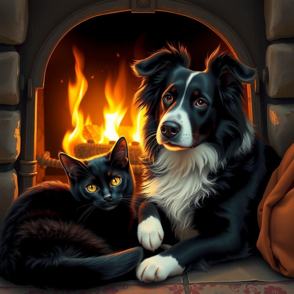 Cozy Cat and Dog by Firelight
