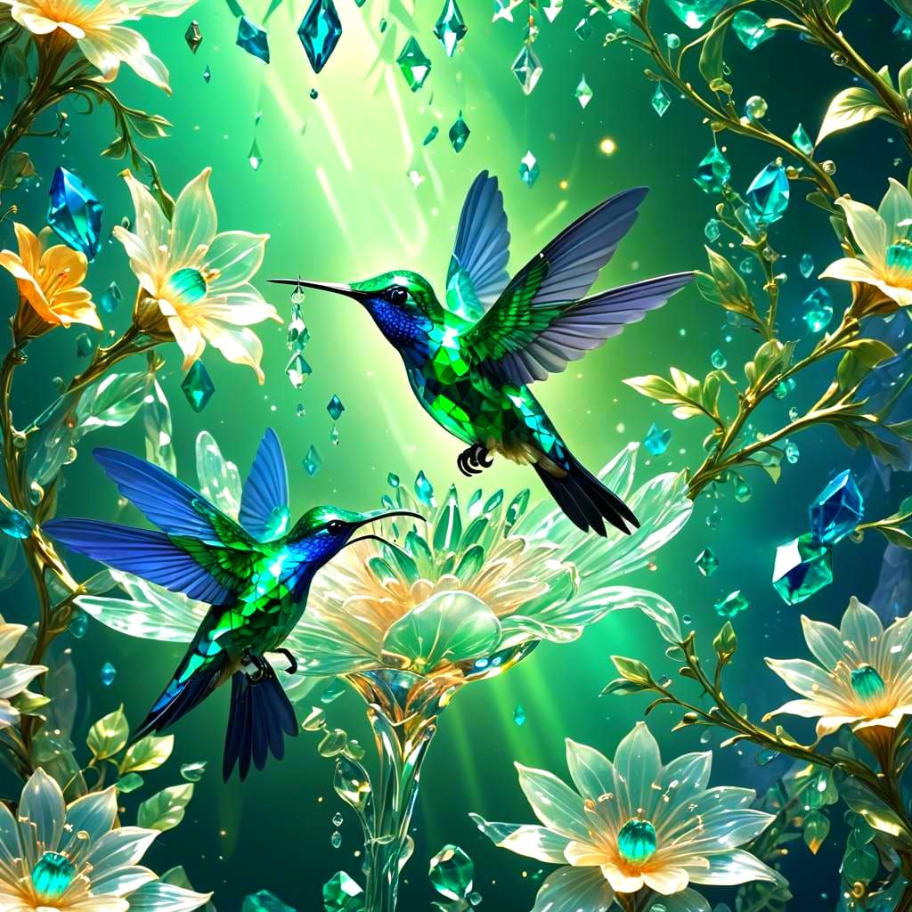Emerald Hummingbird Sipping Nectar From Crystal Flower