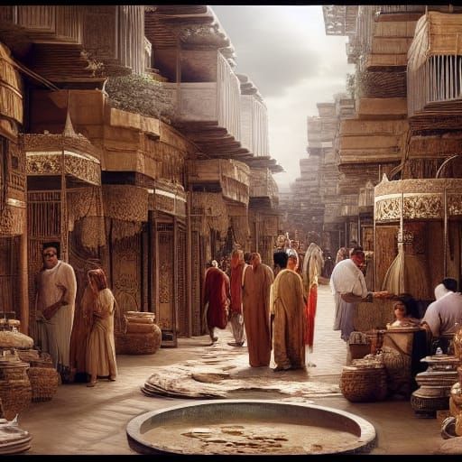 Bustling Bazaar in Ancient Babylon: Digital Matte Painting