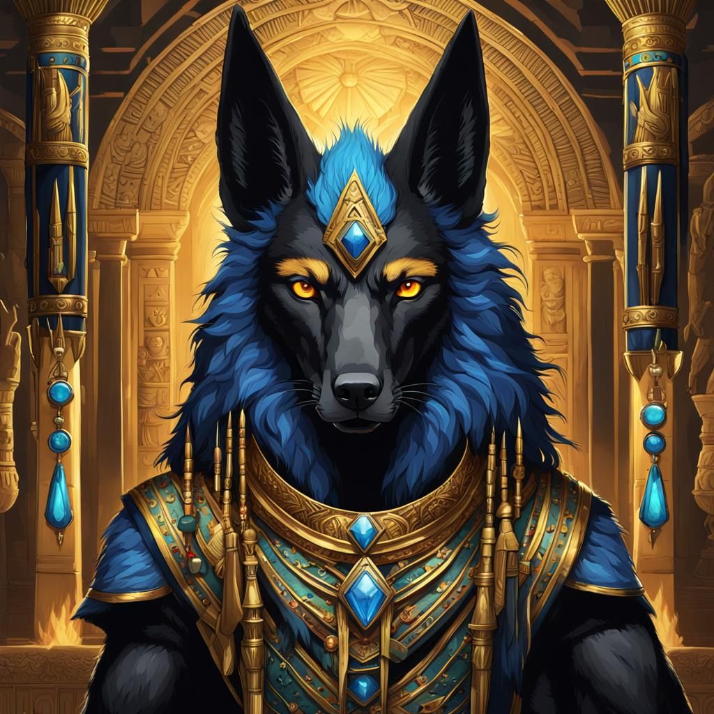 Anthropomorphic Anubis in Dark Temple, Hyperrealistic Art