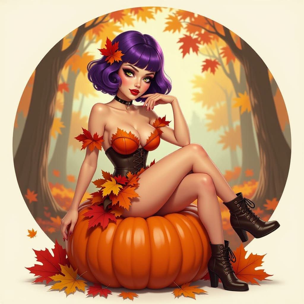 Fairy Punk Pin Up Girl on Pumpkin, Vintage Autumn Style