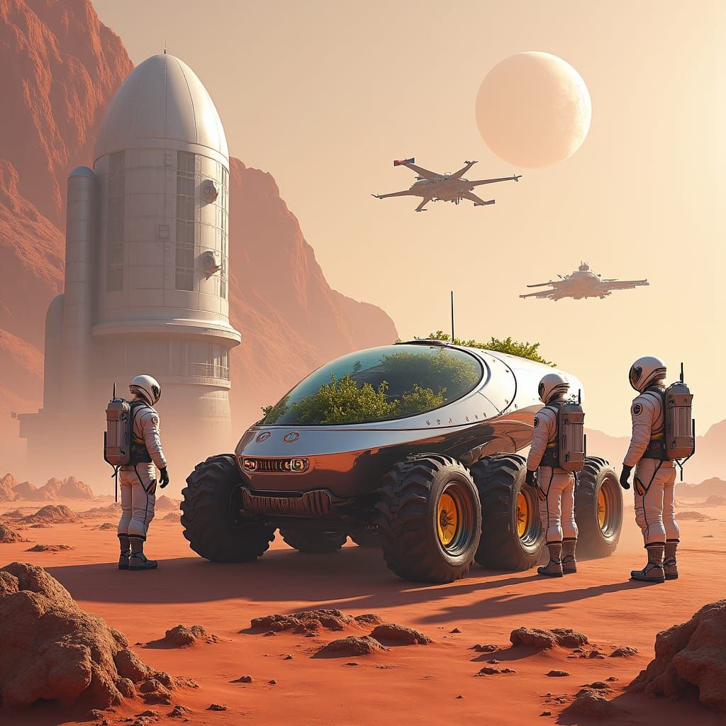 Futuristic Mars Colony with Astronauts in Exosuits