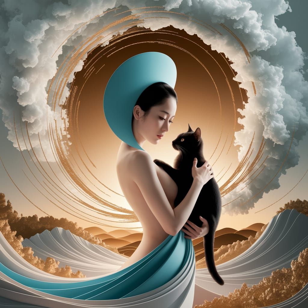 Japanese Woman with Cat in Stormy Gold Setting