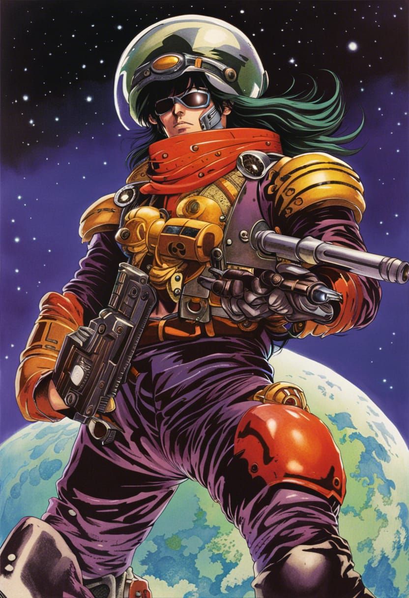 Anime Space Pirate with Scar and Raygun