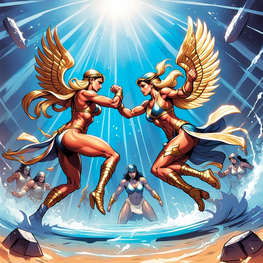 Athena and Diana Wrestling in Comic Book Art Style