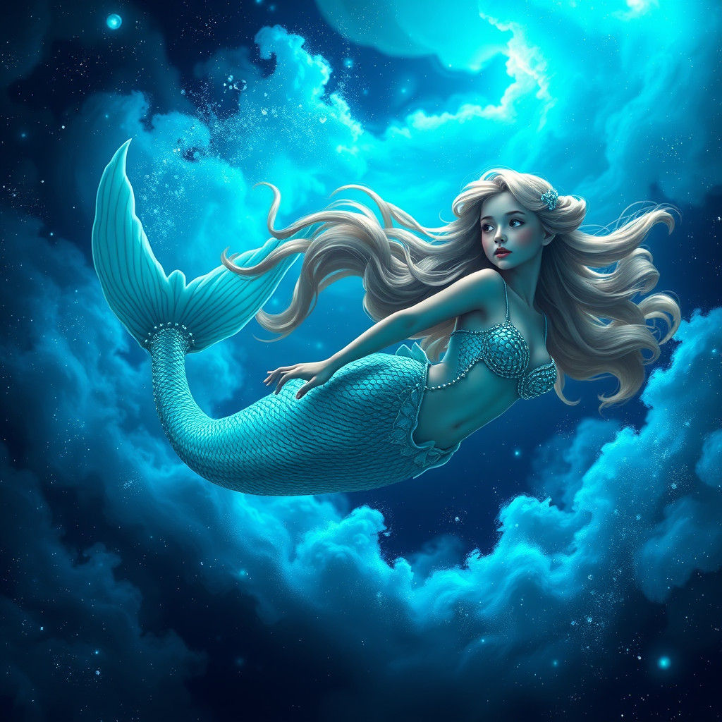 Luminous Mermaid in Bioluminescent Abyss